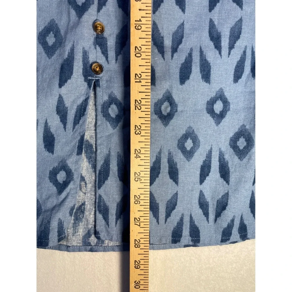 linen‎ blend blue ikat print midi skirt pockets L boho coastal cottage summer